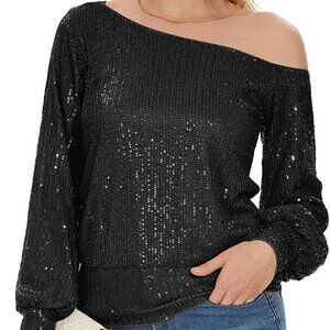Long Sleeve Sequin Tops for Women Off The Shoulder Glitter Sparkly Tops Dressy P